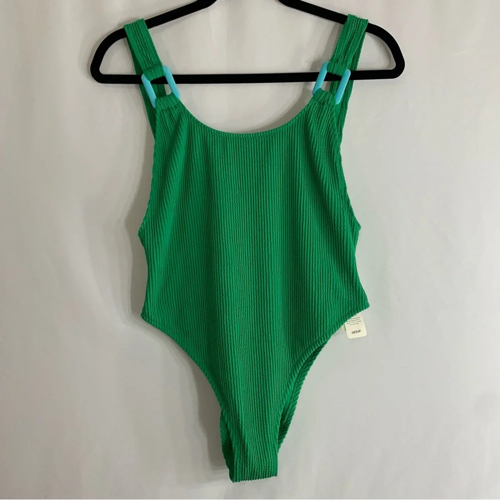NWT Aerie Green Shimmery Crinkle Birthday Scoop Cheekiest One Piece Swimsuit - Picture 2 of 11